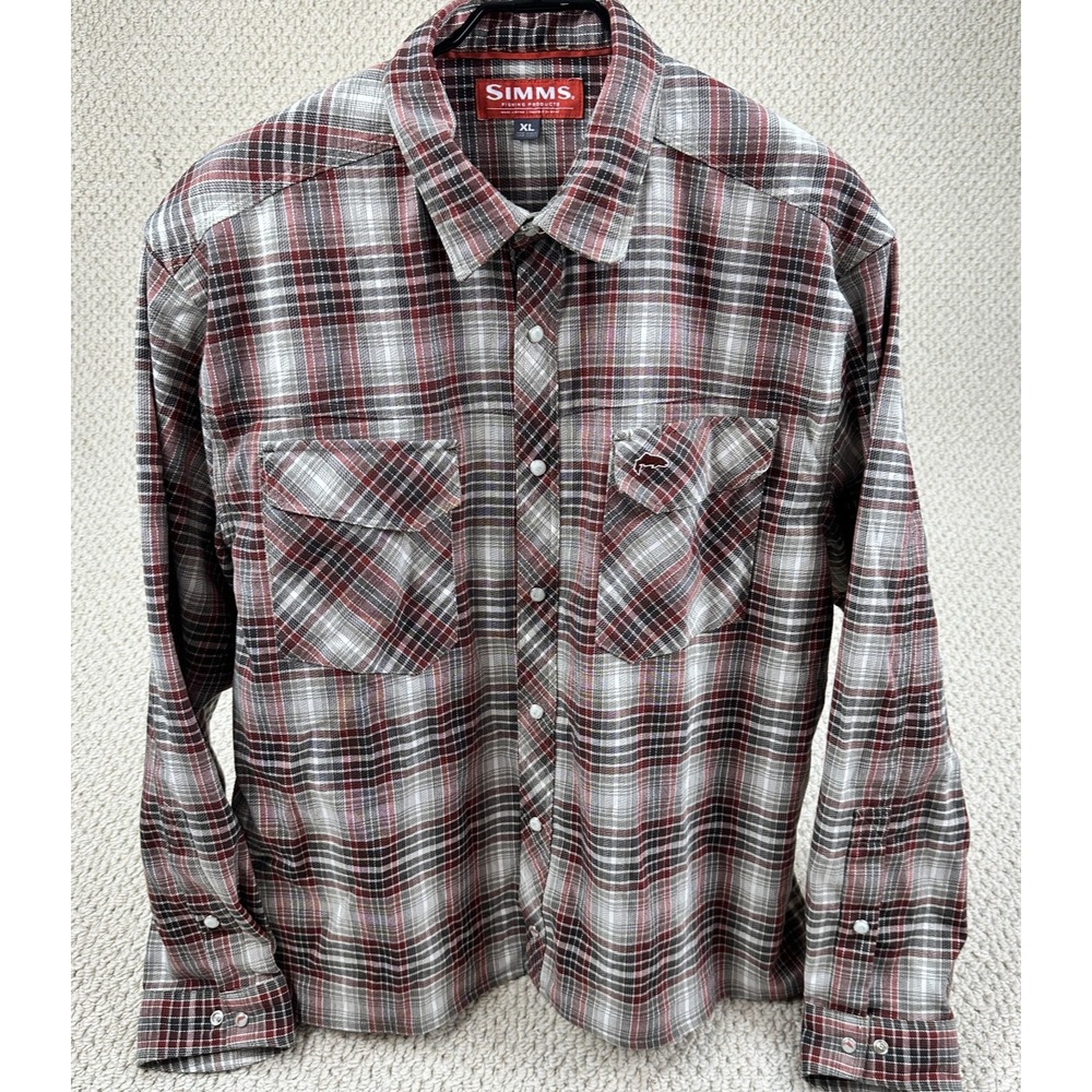 Simms Shirt Men XL Gray Gallatin Flannel Pearl Snap Short Boxy Fit Plaid Western